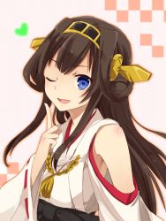 Rule 34 | 10s, 1girl, bad id, bad pixiv id, blue eyes, brown hair, hachimikks (artist), hachimikkusu, hairband, japanese clothes, kantai collection, kongou (kancolle), long hair, nontraditional miko, one eye closed, smile, solo