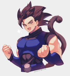 Rule 34 | 1boy, :d, armor, black eyes, black hair, black shirt, clenched hands, commentary request, cropped torso, dated, dragon ball, dragon ball legends, fang, happy, looking at viewer, male focus, monkey tail, muscular, muscular male, open mouth, saiyan armor, shallot (dragon ball), shirt, simple background, skin fang, smile, solo, sparkle, spiked hair, tail, twitter username, upper body, zero-go