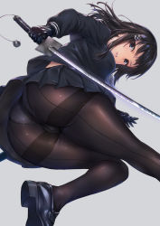 Rule 34 | 1girl, ass, bell, black eyes, black footwear, black gloves, black hair, black pantyhose, black serafuku, black shirt, black skirt, breasts, closed mouth, commentary request, crotch seam, from behind, gloves, grey background, hair ornament, highres, holding, holding sword, holding weapon, jingle bell, katana, latex, latex gloves, loafers, long hair, long sleeves, looking at viewer, looking back, medium breasts, miniskirt, neckerchief, original, panties, panties under pantyhose, pantyhose, parted lips, pleated skirt, sailor collar, school uniform, serafuku, shirt, shoes, sidelocks, simple background, skirt, smile, solo, sword, thighband pantyhose, thighs, toriatto gununu, underwear, unsheathed, upskirt, weapon, white neckerchief, white panties