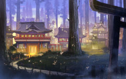 Rule 34 | architecture, blurry, blurry background, building, commentary request, east asian architecture, fantasy, forest, grass, house, lights, miso katsu, nature, no humans, original, pagoda, scenery, torii, tree