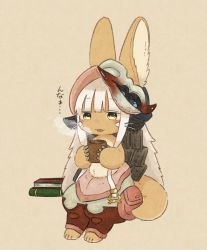 Rule 34 | 1other, bad id, bad twitter id, brown background, brown eyes, full body, furry, highres, kawasemi27, made in abyss, nanachi (made in abyss), open mouth, simple background, sitting, white hair