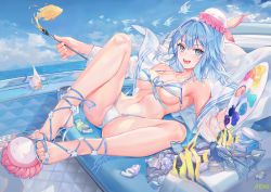Rule 34 | 1girl, :d, animal, armpits, ass, atdan, bare legs, bare shoulders, bikini, blouse, blue eyes, blue hair, blue theme, breasts, cleavage, day, fantasy, feet, feet on toy, fish, front-tie bikini top, front-tie top, haiyi, halterneck, hat, high heels, highres, holding, jellyfish, large breasts, legs up, long hair, looking at viewer, lying, navel, off shoulder, on back, open clothes, open mouth, open shirt, outdoors, painting (action), palette (object), sandals, shirt, sky, smile, solo, stomach, strap gap, string bikini, swimsuit, synthesizer v, thighs, toes, white bikini, white shirt