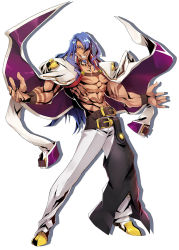 Rule 34 | 1boy, azrael (blazblue), belt, blazblue, blazblue: central fiction, blue hair, choker, facial hair, full body, goatee, grin, highres, jacket, jacket on shoulders, katou yuuki, long hair, looking at viewer, male focus, official art, outstretched arms, pants, red eyes, shadow, topless male, shoes, smile, solo, spread arms, standing, tattoo, white background, white pants