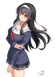 Rule 34 | 1girl, :t, black hair, black shirt, black skirt, blush, breasts, closed mouth, collarbone, commentary, dated, hairband, hand on own arm, highres, kasumigaoka utaha, long hair, long sleeves, looking at viewer, medium breasts, miniskirt, pleated skirt, pout, red eyes, red plate (kyuu45), saenai heroine no sodatekata, sailor collar, school uniform, shirt, sidelocks, signature, simple background, skirt, solo, v-shaped eyebrows, very long hair, white background, white hairband, white sailor collar