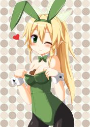 Rule 34 | 10s, 1girl, ;), animal ears, bad id, bad pixiv id, borubomu, bow, bowtie, breasts, brown hair, candy, chocolate, chocolate heart, cleavage, detached collar, elf, fake animal ears, food, green eyes, heart, leafa, long hair, one eye closed, pantyhose, playboy bunny, pointy ears, ponytail, rabbit ears, rabbit tail, smile, solo, sword art online, tail, wink, wrist cuffs