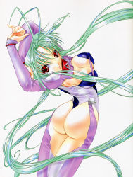 Rule 34 | 00s, 1girl, antenna hair, armpits, ass, breasts, cleavage, collar, dears, facial mark, forehead mark, green hair, highres, large breasts, long hair, looking back, red eyes, ren (dears), solo, very long hair, wide hips