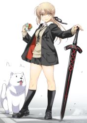 Rule 34 | alternate costume, artoria pendragon (all), artoria pendragon (fate), black footwear, black jacket, black legwear, black ribbon, black skirt, blazer, blonde hair, burger, casual, cavall the 2nd, crosswalk, dog, dress shirt, excalibur morgan (fate), fate/grand order, fate (series), food, full body, hair ribbon, hand on hilt, highres, holding, holding food, inoue sora, jacket, loafers, long sleeves, looking at viewer, miniskirt, parted lips, pleated skirt, ponytail, ribbon, saber alter, shirt, shoes, sidelocks, simple background, skirt, smile, standing, sweater vest, sword, thighs, weapon, white background, white shirt, yellow eyes