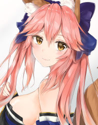 Rule 34 | 10s, 1girl, animal ear fluff, animal ears, blue kimono, blush, bow, breasts, closed mouth, fang, fate/extra, fate/grand order, fate (series), fox ears, fox girl, fox tail, hair bow, hair ribbon, hand in own hair, japanese clothes, kimono, large breasts, long hair, looking at viewer, looking to the side, pink hair, ribbon, sagoshi, simple background, smile, solo, tail, tamamo (fate), tamamo no mae (fate/extra), white background, yellow eyes