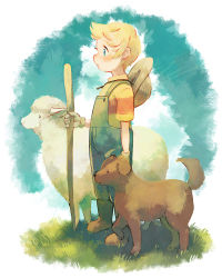 Rule 34 | 1boy, blonde hair, blue eyes, boney, brown fur, dog, grass, hat, highres, looking to the side, lucas (mother 3), mother (game), mother 3, nintendo, overalls, profile, sheep, shifumame, shirt, short hair, straw hat, striped clothes, striped shirt
