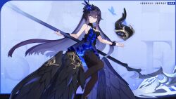 Rule 34 | bare shoulders, black bracelet, black dress, black footwear, black hair, black headwear, blue background, blue theme, character name, chinese commentary, closed mouth, colored inner hair, dress, hair between eyes, highres, holding, holding scythe, honkai (series), honkai impact 3rd, long hair, multicolored hair, official alternate costume, official art, official wallpaper, open hand, orb, scythe, seele vollerei, seele vollerei (herrscher of rebirth), smile, very long hair, weapon