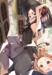 Rule 34 | 2girls, 3:, arm up, armor, armpits, baggy pants, beatrice (princess principal), black hair, blue eyes, blurry, blush, breasts, brown eyes, brown hair, camellia, d:, day, depth of field, flower, forehead, hair flower, hair ornament, hat, japanese armor, jingasa, kusazuri, maosame, multiple girls, open mouth, outdoors, pants, photobomb, princess principal, red flower, rice hat, sidelocks, sleeveless, small breasts, tears, thick eyebrows, toudou chise