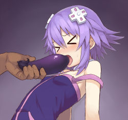 Rule 34 | 1boy, 1girl, bare arms, bare shoulders, blush, breasts, chiwino, choujigen game neptune, commentary request, dark-skinned male, dark skin, eggplant, fellatio, food, gradient background, hair ornament, hetero, holding, holding food, holding vegetable, kami jigen game neptune v, light purple hair, neptune (neptunia), neptune (series), off shoulder, oral, petite, purple background, purple eyes, sexually suggestive, short hair, sidelocks, simulated fellatio, small breasts, solo focus, strap slip, vegetable