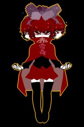 Rule 34 | 1girl, black background, black shirt, black thighhighs, bow, character name, cloak, closed mouth, covered mouth, expressionless, full body, hair bow, half-closed eyes, highres, looking at viewer, multiple heads, open hands, outline, red eyes, red hair, red skirt, sekibanki, shirt, short hair, simple background, skirt, solo, sparkle, thighhighs, touhou, translation request, yt (wai-tei), zettai ryouiki