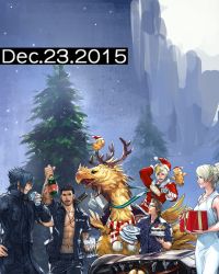 Rule 34 | 10s, 1girl, 4boys, abs, antlers, beak, bottle, cake, car, chocobo, christmas, cup, dated, dress, drinking glass, everyone, final fantasy, final fantasy xv, food, gift, gladiolus amicitia, hat, highres, horns, ignis scientia, jacket, lunafreya nox fleuret, motor vehicle, multiple boys, noctis lucis caelum, official art, plate, prompto argentum, riding, santa costume, santa hat, scarf, square enix, unfinished, wine glass