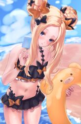 Rule 34 | 1girl, abigail williams (emerald float) (fate), abigail williams (fate), bare shoulders, beach, bikini, black bikini, black bow, black skirt, blonde hair, blue eyes, blue sky, blush, bow, breasts, double bun, fate/grand order, fate (series), food, forehead, frilled bikini, frills, hair bow, hair bun, highres, innertube, lemon (user kwfp8524), long hair, looking at viewer, microskirt, navel, orange bow, parted bangs, popsicle, shore, skirt, sky, small breasts, solo, swim ring, swimsuit, thighs