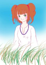 Rule 34 | 1girl, artist request, brown hair, female focus, green eyes, highres, idolmaster, idolmaster (classic), jewelry, necklace, outdoors, sky, smile, solo, takatsuki yayoi, twintails, yayoi period
