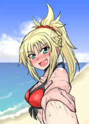 Rule 34 | 1girl, bare arms, bare shoulders, beach, bikini, bikini top only, blonde hair, blush, breasts, cleavage, cloud, colorized, commentary request, day, fate/apocrypha, fate/grand order, fate (series), green eyes, hair ornament, highres, holding hands, long hair, looking at viewer, medium breasts, mitsurugi tsurugi, mordred (fate), mordred (fate) (all), mordred (fate/apocrypha), mordred (swimsuit rider) (fate), mordred (swimsuit rider) (first ascension) (fate), ocean, open mouth, outdoors, ponytail, red bikini, ribbon, solo focus, string bikini, sweat, sweatdrop, swimsuit, teeth, tongue, water