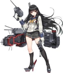 1girl asymmetrical_legwear black_hair full_body gloves hair_ribbon isokaze_(kancolle) isokaze_kai_(kancolle) kantai_collection long_hair long_sleeves machinery neckerchief official_art parsley-f pleated_skirt red_eyes ribbon school_uniform serafuku single_thighhigh skirt thighhighs transparent_background tress_ribbon uneven_legwear white_gloves