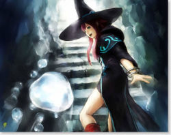 Rule 34 | blue eyes, boots, bracelet, bubble, cave, hat, jewelry, lowres, microsoft, ninety-nine nights, red hair, smile, stairs, tyurru, water, witch, witch hat