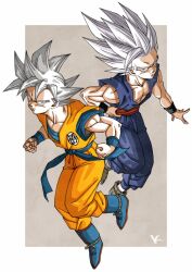 Rule 34 | 2boys, blue footwear, boots, border, brown background, character request, clenched hands, dougi, dragon ball, full body, highres, jumpsuit, kakeru (dbskakeru), looking at viewer, male focus, multiple boys, orange jumpsuit, outside border, purple jumpsuit, simple background, sleeveless, spiked hair, toriyama akira (style), white border, white hair, wristband