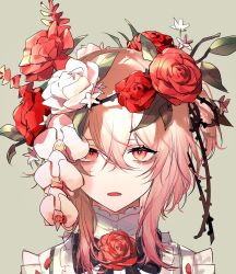 Rule 34 | 1girl, absurdres, brown eyes, expressionless, eyeshadow, flower, grey background, highres, looking at viewer, makeup, medium hair, multicolored eyes, nijisanji, nijisanji en, pink eyes, pink eyeshadow, pink hair, red flower, red rose, rose, rosemi lovelock, rosemi lovelock (1st costume), shirt, short sidetail, solo, thorns, virtual youtuber, white flower, white rose, white shirt, ysoroth
