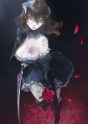 Rule 34 | 1girl, bare shoulders, black hair, bloodstained: ritual of the night, blue eyes, breasts, brown hair, cleavage, flower, highres, large breasts, lips, looking at viewer, miriam (bloodstained), nat the lich, rose, short hair, skirt, solo, sword, tattoo, thighs, weapon