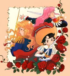 Rule 34 | 3girls, alicia rose, artist name, black hair, blonde hair, brown eyes, closed mouth, commentary, english commentary, epaulettes, flower, hat, highres, holding, holding sword, holding weapon, long hair, multiple girls, oscar francois de jarjayes, pink hair, princess sapphire, profile, puffy short sleeves, puffy sleeves, red flower, red rose, ribbon no kishi, rose, short hair, short sleeves, shoujo kakumei utena, smile, sparkle, sword, tenjou utena, versailles no bara, wavy hair, weapon