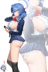 Rule 34 | !, 1girl, absurdres, ako (blue archive), ass, black choker, black thighhighs, blue archive, blue eyes, blue hair, blue jacket, blue skirt, blush, bow, bowtie, buttons, cellphone, choker, closed mouth, commentary request, heart, heart print, highres, holding, holding phone, jacket, jeon-eo konoshiro, korean commentary, long hair, long sleeves, multiple views, panties, phone, pleated skirt, purple hair, red bow, red bowtie, shirt, sideburns, simple background, skirt, smartphone, thighhighs, underwear, white background, white panties, white shirt, zoom layer