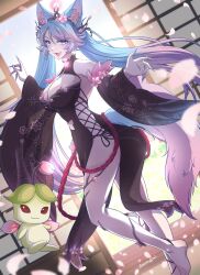 Rule 34 | 1girl, animal ear fluff, animal ears, barefoot, black kimono, black sleeves, blue eyes, blue hair, blue tail, breasts, cleavage, clothing cutout, detached sleeves, flower, highres, hip vent, japanese clothes, kimono, large breasts, long hair, looking at viewer, multicolored hair, multicolored tail, navel cutout, open mouth, pink flower, pink hair, pink tail, saraemiii en, silvervale, silvervale (sakura goddess), smile, streaked hair, swept bangs, tail, virtual youtuber, vshojo, wolf ears, wolf girl, wolf tail