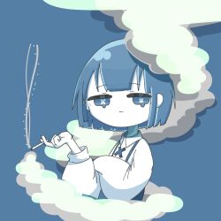 Rule 34 | 1girl, ako 1236, blue background, blue eyes, blue hair, blunt ends, bob cut, cigarette, closed mouth, collared shirt, colored skin, commentary, cross-shaped pupils, dripping eye, highres, holding, holding cigarette, long sleeves, looking at viewer, original, puffy long sleeves, puffy sleeves, shirt, short hair, simple background, smoke, smoking, solo, symbol-shaped pupils, upper body, white shirt, white skin