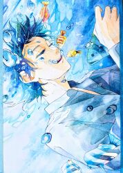 Rule 34 | 1boy, absurdres, acf creator, air bubble, blue hair, blue theme, bubble, closed eyes, collared shirt, fish, highres, long sleeves, male focus, open mouth, original, painting (medium), shirt, short hair, solo, submerged, traditional media, underwater, upper body, water, watercolor (medium), white shirt