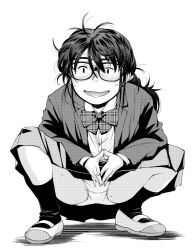 Rule 34 | 1girl, blush, bow, bowtie, collared shirt, glasses, greyscale, jimiko, looking at viewer, messy hair, monochrome, nervous smile, open mouth, original, own hands together, panties, pleated skirt, ponytail, ryoumoto hatsumi, school uniform, shirt, shoes, skirt, smile, socks, solo, squatting, sweat, underwear, upskirt