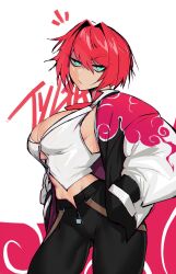 Rule 34 | 1girl, breasts, character name, cleavage, cowboy shot, gluteal fold, green eyes, hair between eyes, hair intakes, hands in pockets, highres, jacket, jankojaro, large breasts, long sleeves, looking at viewer, open clothes, open jacket, original, pants, red hair, short hair, simple background, solo, tyga (lyuka), white background, zipper, zipper pull tab