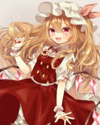 Rule 34 | 1girl, :d, alternate hair length, alternate hairstyle, arm up, blonde hair, bloomers, blush, commentary request, curled fingers, fang, flandre scarlet, grey background, hair between eyes, hat, hat ribbon, highres, leaning back, long hair, looking at viewer, mob cap, nail polish, neck ribbon, open hand, open mouth, pink ribbon, puffy short sleeves, puffy sleeves, red eyes, red nails, red skirt, red vest, ribbon, shirt, short sleeves, side ponytail, skirt, slit pupils, smile, solo, standing, touhou, underwear, very long hair, vest, white shirt, wings, wrist cuffs, yedan999