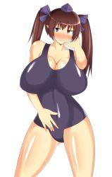 Rule 34 | 1girl, breasts, brown eyes, brown hair, female focus, hat, himekaidou hatate, huge breasts, musuka (muska), one-piece swimsuit, pointy ears, simple background, solo, standing, swimsuit, thighs, tokin hat, touhou, twintails, white background