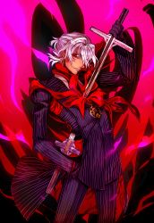 Rule 34 | 1boy, antonio salieri (fate), antonio salieri (second ascension) (fate), ascot, aura, black background, black gloves, black jacket, black pants, collared shirt, fate/grand order, fate (series), formal, gloves, highres, holding, holding sword, holding weapon, jacket, long sleeves, looking at viewer, male focus, neckwear request, nonono nagata, pants, pinstripe pants, pinstripe pattern, red ascot, shirt, short hair, simple background, solo, striped, suit, sword, weapon, white hair, white shirt