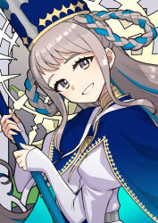 Rule 34 | 1girl, blue cape, braid, cape, commentary, fate/grand order, fate (series), grey hair, halo, hat, heebee, holding, holding staff, juliet sleeves, long sleeves, braided hair rings, mitre, pope joan (fate), puffy sleeves, smile, staff, twin braids