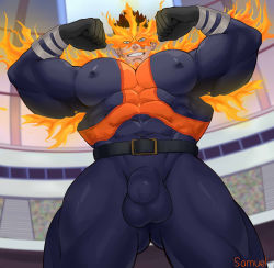 Rule 34 | 1boy, bara, biceps, blue bodysuit, blue eyes, bodysuit, boku no hero academia, covered abs, covered erect nipples, covered navel, double biceps pose, endeavor (boku no hero academia), facial hair, flexing, gluteal fold, highres, impossible clothes, large pectorals, male focus, mature male, muscular, muscular male, pectorals, red hair, scar, scar across eye, scar on face, short hair, sideburns, skin tight, smile, solo, spiked hair, stubble, thick thighs, thighs, xianyusamuel