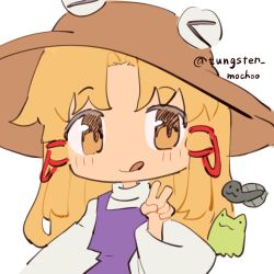 1girl :q blonde_hair chibi commentary_request hand_up hat highres long_hair long_sleeves looking_at_viewer moriya_suwako parted_bangs purple_vest simple_background solo tongue tongue_out touhou tungsten_mochoo v vest white_background wide_sleeves yellow_eyes