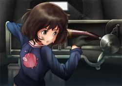 Rule 34 | 10s, 1girl, akiyama yukari, anglerfish, black gloves, blue jacket, brown eyes, brown hair, commentary request, dirty, dirty face, emblem, fish, girls und panzer, gloves, holding, jacket, light frown, light particles, light rays, long sleeves, looking to the side, maruhitarou, messy hair, military, military uniform, ooarai military uniform, open mouth, short hair, solo, sweat, tank interior, tank shell, uniform