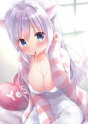 Rule 34 | 1girl, amedamacon, animal ears, arm between breasts, bad id, bad pixiv id, bed, bed sheet, between breasts, blue eyes, blurry, blurry background, blush, breasts, cardigan, cleavage, collarbone, cowboy shot, dress, food, fox, hand in own hair, indoors, long hair, looking at viewer, medium breasts, mouth hold, original, pocky, pocky kiss, shared food, sidelocks, silver hair, sitting, solo, white dress, yes-no pillow