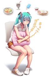 Rule 34 | 1girl, aqua hair, blue eyes, blush, chair, food, full body, hatsune miku, highres, hungry, long hair, new balance, no socks, hugging object, pigeon-toed, pillow, pillow hug, popsicle, shaded face, simple background, sitting, solo, stomach growling, sweat, twintails, vocaloid, wavy mouth, white background, wokada