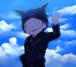 Rule 34 | 1boy, animal ear headwear, animal ears, beanie, belt, belt buckle, black belt, black hat, black jacket, black shirt, black sleeves, blue shirt, blue sky, brown hair, buckle, cat ears, cigarette, closed eyes, cloud, collared jacket, commentary request, danganronpa (series), danganronpa v3: killing harmony, day, fake animal ears, hand in pocket, hand up, hat, holding, holding cigarette, hoshi ryoma, jacket, kogarashi 8, layered sleeves, leather, leather jacket, light blush, long sleeves, male focus, mouth hold, open mouth, outdoors, partial commentary, prison clothes, shirt, short hair, sky, smile, solo, striped clothes, striped shirt, studded belt, teeth, two-tone shirt, upper body, upper teeth only, very short hair, waving, zipper, zipper pull tab