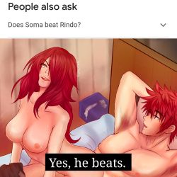 Rule 34 | armpit hair, armpits, breasts, condom, english text, google, highres, kobayashi rindou, large breasts, muscular, muscular male, on bed, open mouth, prostitution, red hair, sex, shokugeki no souma, size difference, text box, used condom, yellow eyes, yukihira souma