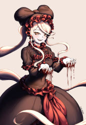 Rule 34 | 1girl, :d, absurdres, artist name, baraart, black dress, blood, blood drip, blood on hands, commentary request, dress, fang, frilled dress, frills, gothic lolita, grey background, headdress, highres, lolita fashion, long hair, looking at viewer, open mouth, overlord (maruyama), ponytail, red eyes, shalltear bloodfallen, silver hair, smile, solo, standing, swept bangs, tongue, vampire