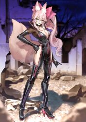 Rule 34 | 1girl, animal ears, black bodysuit, black gloves, bodysuit, boots, bow, breasts, choker, cleavage, closed mouth, elbow gloves, fate/grand order, fate (series), fox ears, fox girl, fox shadow puppet, fox tail, full body, glasses, gloves, hair between eyes, hair bow, hand on own hip, high heel boots, high heels, highres, knee boots, koyanskaya (fate), large breasts, long hair, long sleeves, looking at viewer, official art, open bodysuit, open clothes, open mouth, per, pink bow, pink hair, rock, ruins, side ponytail, sidelocks, smile, solo, tail, tamamo (fate), wada arco, yellow eyes