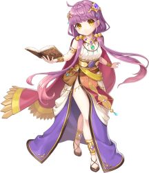 1girl anklet artist_request bag belt book bracelet breasts brown_footwear closed_mouth flats full_body hair_ornament hammurabi_(legend_clover) highres holding holding_book jewelry legend_clover long_hair necklace official_art purple_hair satchel sideboob sleeveless third-party_source transparent_background twintails yellow_eyes