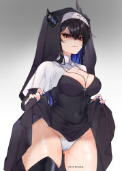 Rule 34 | 1girl, absurdres, alternate costume, asymmetrical horns, black hair, blue hair, blush, breasts, cameltoe, cleavage, clothes lift, colored inner hair, cross, cross necklace, demon horns, disgust, dress, dress lift, frown, glaring, habit, hair ornament, highres, hololive, hololive english, horns, jewelry, keisea, large breasts, lifting own clothes, long hair, looking at viewer, mole, mole on crotch, mole under eye, multicolored hair, necklace, nerissa ravencroft, nun, panties, red eyes, robe, scowl, shaded face, skirt, skirt lift, solo, thick thighs, thighhighs, thighs, thong, traditional nun, two-tone hair, underwear, uneven horns, very long hair, virtual youtuber, white panties