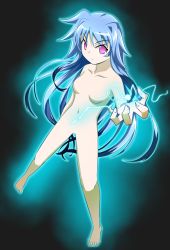 Rule 34 | 1girl, blue hair, collarbone, completely nude, dutch angle, fingernails, frown, glowing, highres, long hair, looking at viewer, lyrical nanoha, magical girl, levi the slasher, navel, no nipples, no pupils, no pussy, nude, open mouth, oshimaru026, purple eyes, solo, very long hair