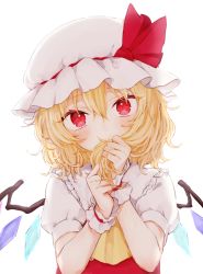 Rule 34 | 1girl, ascot, blush, clenched hands, commentary request, crystal, flandre scarlet, frilled shirt collar, frills, hair between eyes, hands up, hat, hat ribbon, head tilt, holding, holding own hair, honotai, looking at viewer, mob cap, puffy short sleeves, puffy sleeves, red ribbon, red vest, ribbon, short hair, short sleeves, simple background, solo, touhou, upper body, vest, white background, white hat, wings, wrist cuffs, yellow ascot